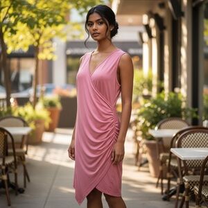 Gracyoga Classic & Comfy Asymmetrical Sleeveless Ruched Pink Dress Size-XXL NWT